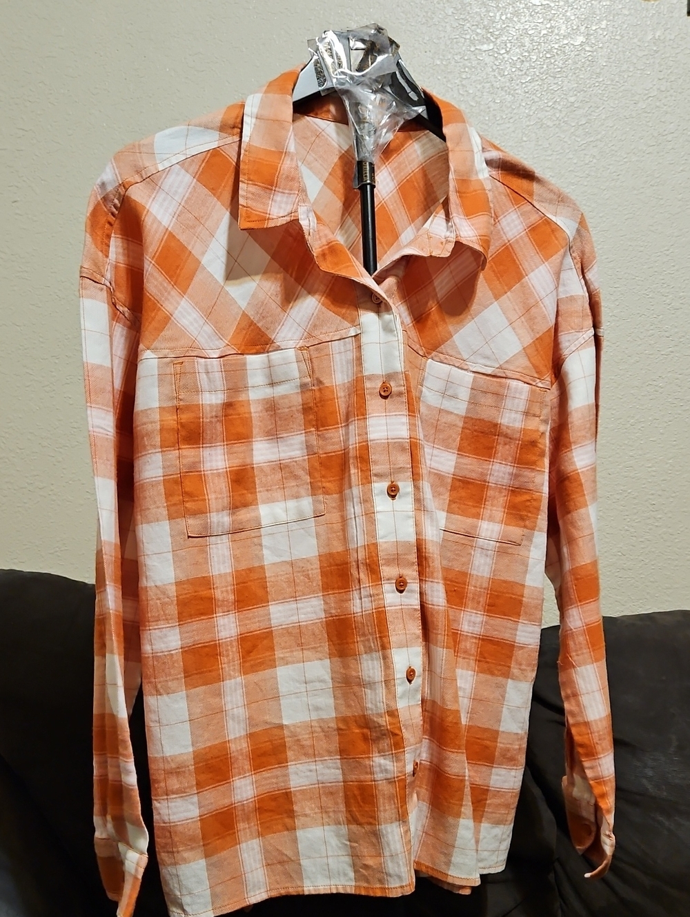 bp Orange and White Plaid Button-Up Shirt with Chest Pockets